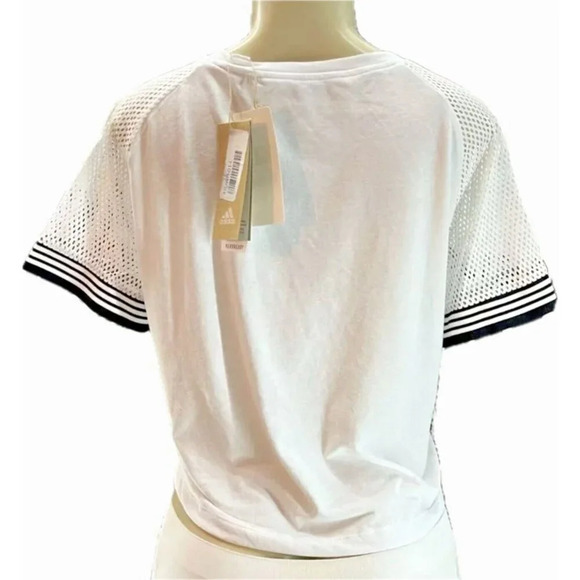 Adidas L White Logo Aeroready Crew Short Mesh Striped Sleeves Ringer Crop Tee - Picture 4 of 6